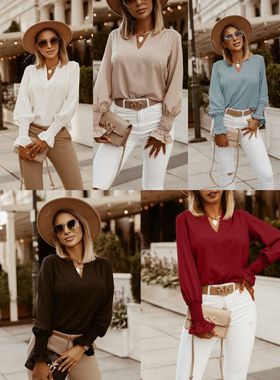 秋纯色简约袖口打揽V领衬衣Solid color cuffs tied V-neck shirt