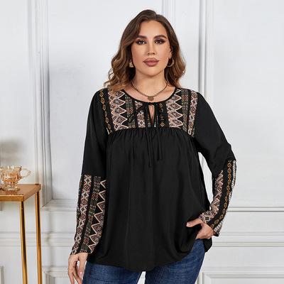 长袖上衣拼接印花时尚宽松套头