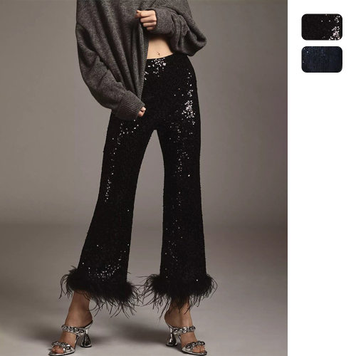 Women's Sequined Frayed Trim Fashion Slim Pants 时尚修身长裤