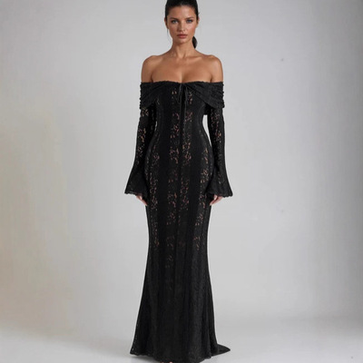 Lace flared sleeve waist cinched evening dress dress收腰礼服
