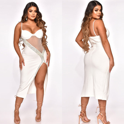 女士透视网纱拼接纯色镶钻连衣裙