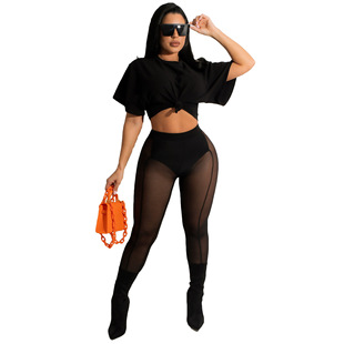 Crop Top 套装 Tight Set网纱紧身休闲女式 Pants New Mesh Casual