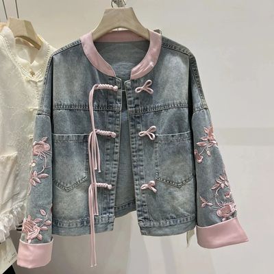 2024 new Chinese style buckle denim jacket新中式立领刺绣外套