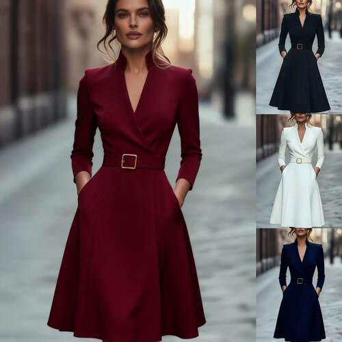 New V-neck Flared Long Sleeve Dress for Women 长袖连衣裙女装