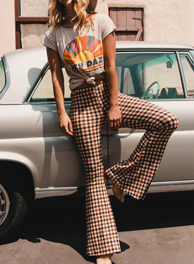 Women's fashion plaid print slim bootcut trousers