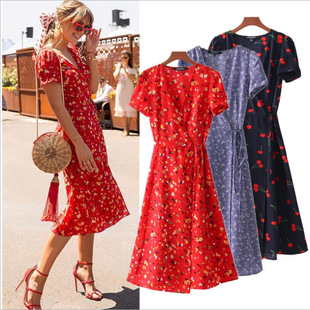 2023夏季女装印花碎花泡泡袖裹身V领连衣裙 Printed V-Neck Dress