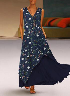 Fashion Lady Vintage Floral Printed Irregular Hemline