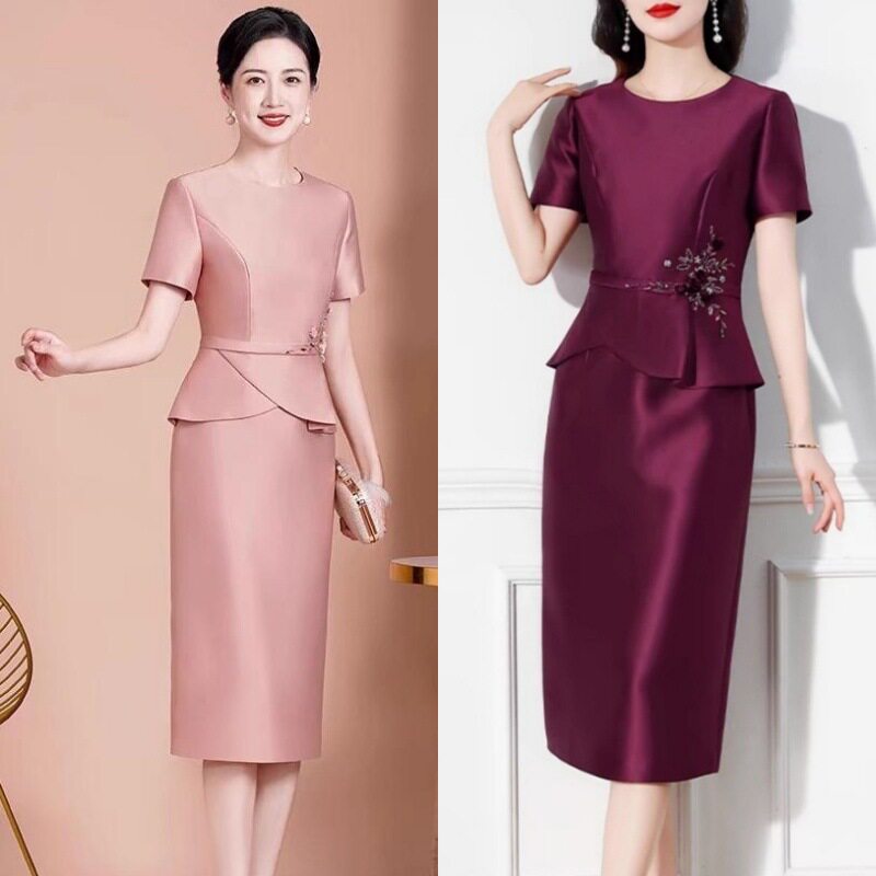 时尚妈妈装法式连衣裙2026新款春季喜婆婆结婚宴会轻奢短袖礼服裙