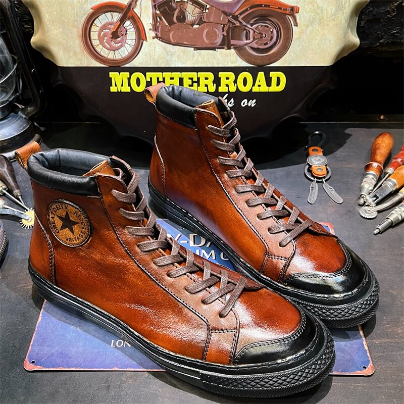 美式复古户外真皮工装靴男款高帮头层牛皮板鞋休闲马丁伞兵靴百搭