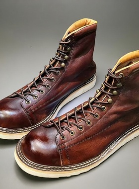 阿美咔叽美式复古圆头高帮厚底工装潮鞋马丁机车牛皮短靴真皮男靴