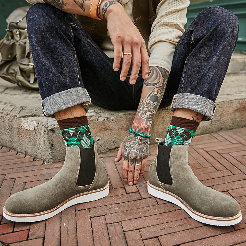 厚底增高翻毛皮反绒皮切尔西靴