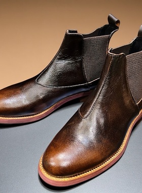 复古英伦风高帮圆头切尔西男靴中帮工装马丁烟筒短靴女真皮鞋潮牌