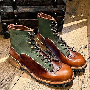 马丁靴短脸男靴百搭高帮真皮机车鞋 小众设计美式 复古圆头牛皮工装