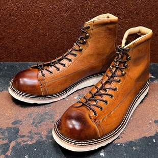 潮鞋 男ins真皮做旧马丁短靴 复古日系厚底高帮机车工装 vintage美式