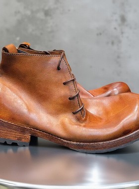意大利植鞣头层牛皮底手工装靴真皮复古英伦风马丁靴圆头中帮男鞋