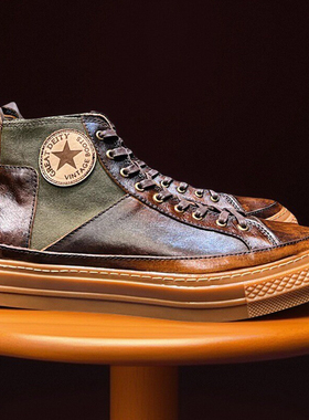 牛皮板鞋美式复古风高帮休闲工装帆布鞋男款真皮厚底伞兵马丁短靴