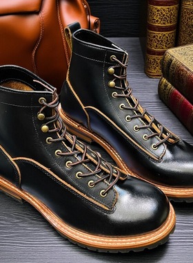美式复古高帮头层牛皮工装短脸靴机车鞋男款英伦风真皮马丁伞兵靴