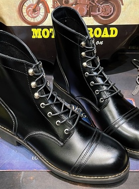 美式复古全黑色高帮工装鞋机车马丁伞兵靴男圆头层牛皮靴真皮潮流