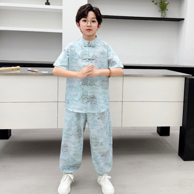 荧翔贝乐薄款夏季男童新中式短袖九分裤唐装汉服两件套复古男孩装