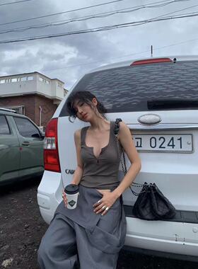 ALLIN 早秋新品 百搭纯色半开扣领坑条螺纹背心女
