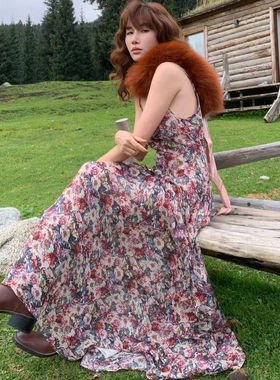 ALLIN 早秋新品 复古印花吊带连衣裙长裙女