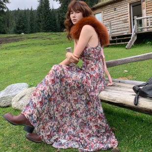 ALLIN 复古印花吊带连衣裙长裙女 早秋新品