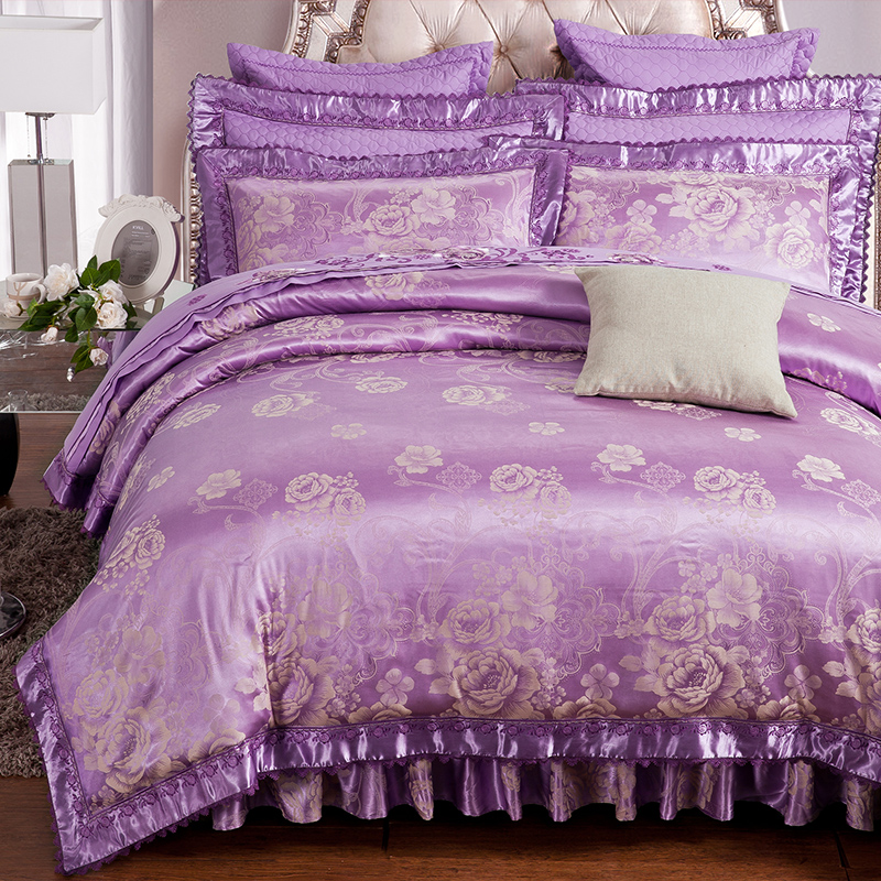 高档贡缎提花欧式绣花被套夹棉床罩式床裙四件套全棉纯棉结婚床品