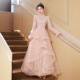 喇叭长袖 公主裙成人礼连衣裙春 粉色晚礼服女轻奢小众宴会主持短袖