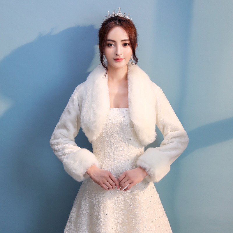 秋冬新娘仿兔毛保暖长袖披肩伴娘结婚纱礼服旗袍宴会坎肩毛领外套