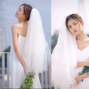 新娘结婚头纱头饰超仙森系写真婚纱旅拍双层拍照头纱 2023新款 韩式