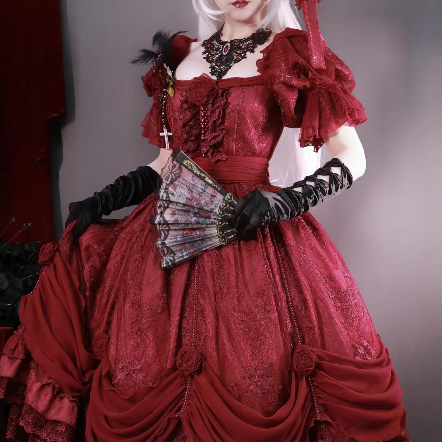 哥特风黑色缎面长手套女珍珠蝴蝶结婚纱礼服古典cos复古淑女微弹