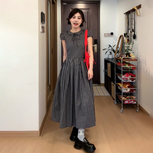 新款 高級感休閑氣質顯瘦收腰長裙 復古格子連衣裙子女2025夏季 法式