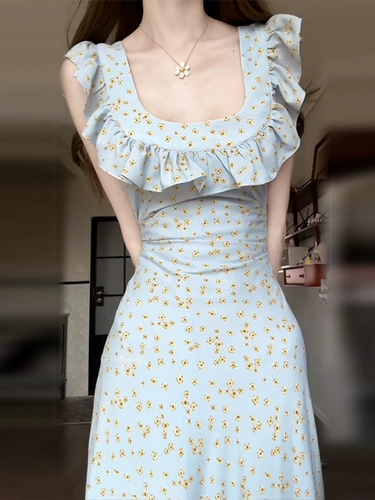 Синий приталенный корсет, летнее платье, длинная юбка, французский стиль, цветочный принт