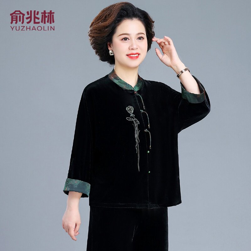 俞兆林中年妈妈春秋装金丝绒套装中老年女装外套阔太太高贵两件套