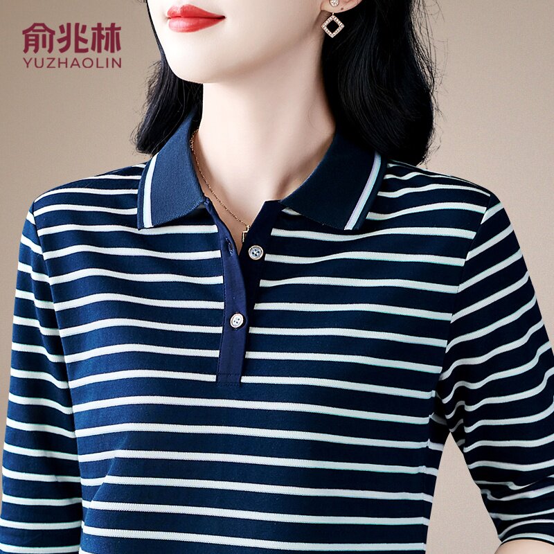 俞兆林名牌中老年长袖POLO衫女春纯棉翻领条纹T恤衫修身显瘦妈妈