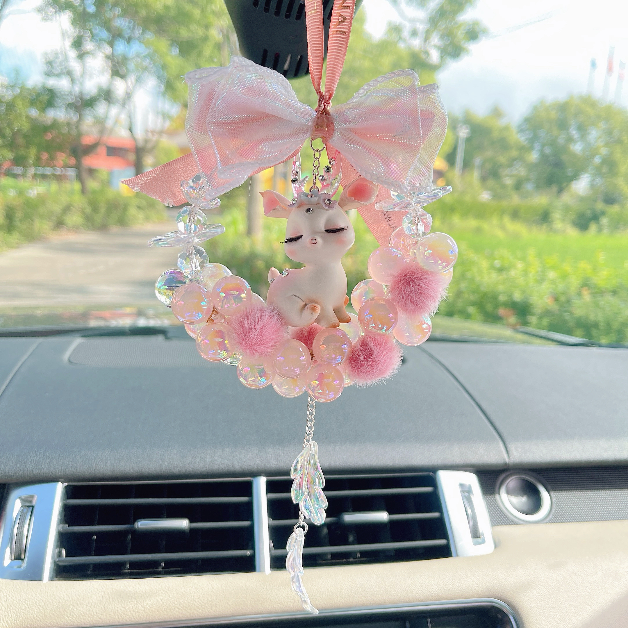 一鹿平安粉色花韵小鹿汽车挂件女