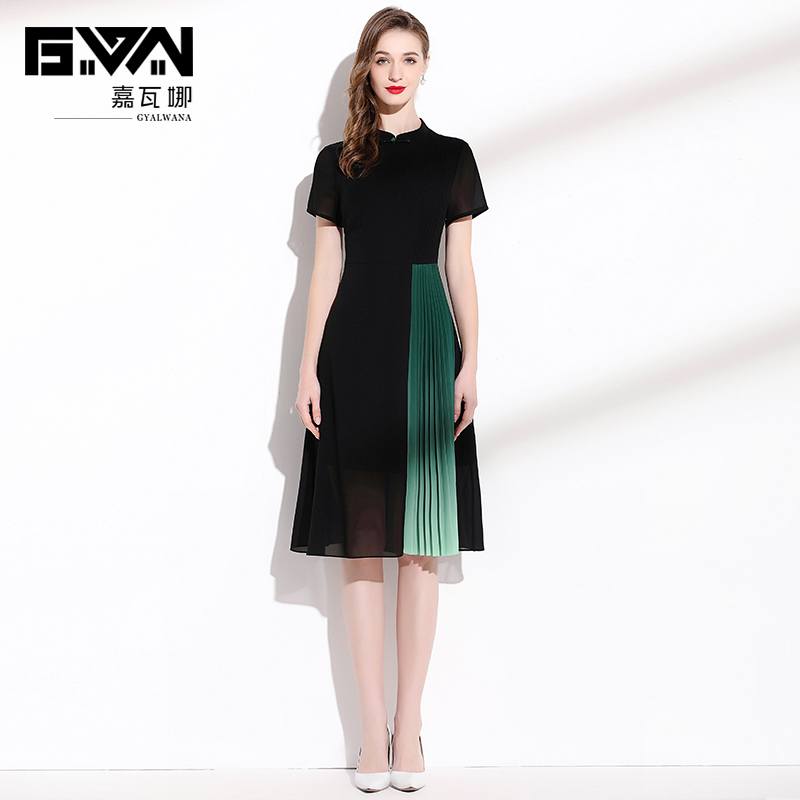 嘉瓦娜优雅气质百褶拼接雪纺裙