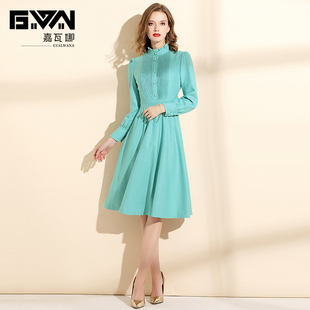 气质薄荷绿立领收腰显瘦打底裙中长款 秋冬毛呢连衣裙新款 2025时尚