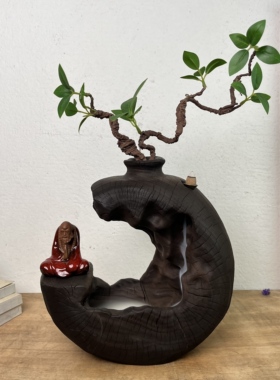 香樟木倒流香花瓶两用侘寂风摆件