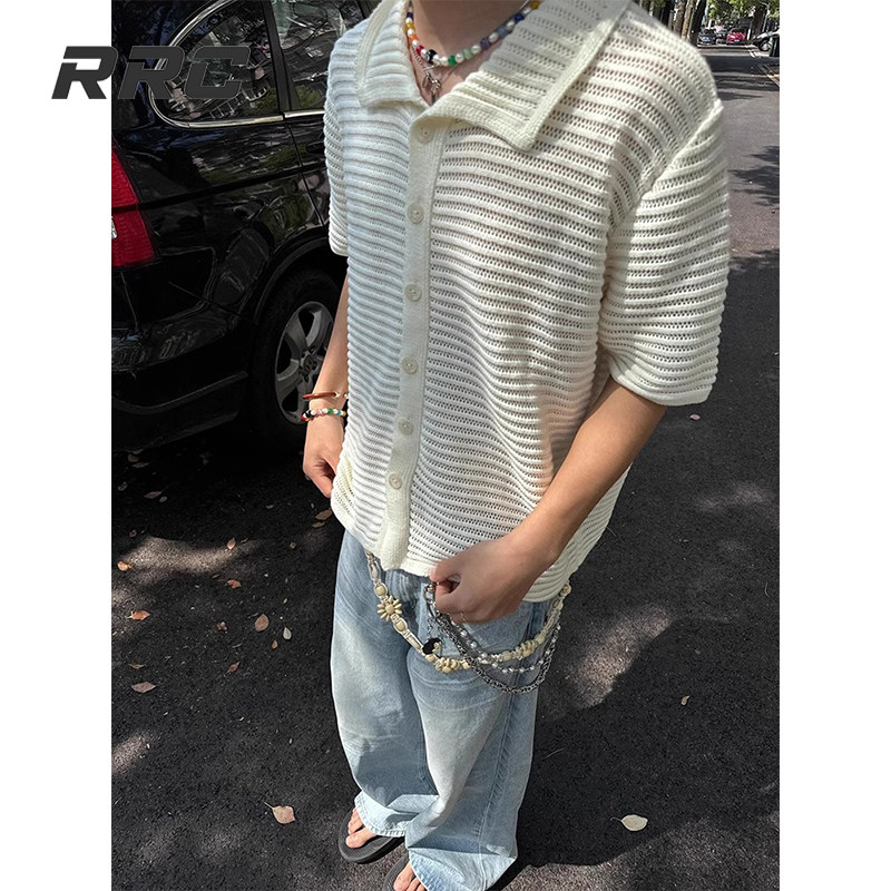 CLEANFIT RETRO CUT-OUT SHIRT BOYS SUMMER THIN KNIT SWEATER SHORT SLEEVE OLD MONEY STYLE WEAR LAPEL HALF SLEEVE