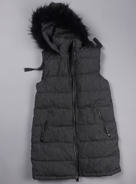 外贸尾单清仓折扣女士秋冬款灰色连帽毛领立领中长款马甲外套B403
