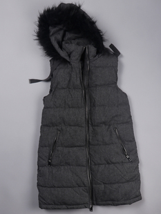 外贸尾单清仓折扣女士秋冬款 马甲外套B403 灰色连帽毛领立领中长款