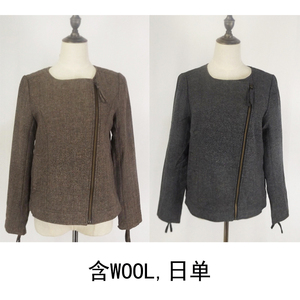 外贸日单原单秋冬款羊毛呢子短外套女士日系圆领无领夹克尾单开衫