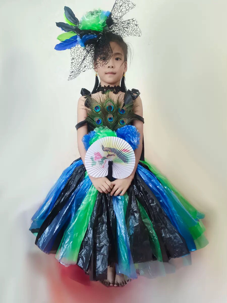 环保表演服礼服幼儿童孔雀舞蹈服女童少儿模特环保走秀孔雀公主裙
