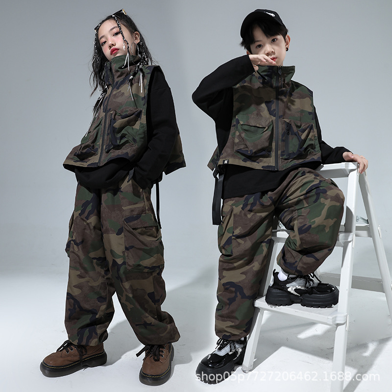 街舞儿童潮服男童嘻哈演出服女童宽松帅气潮酷迷彩工装马甲表演服