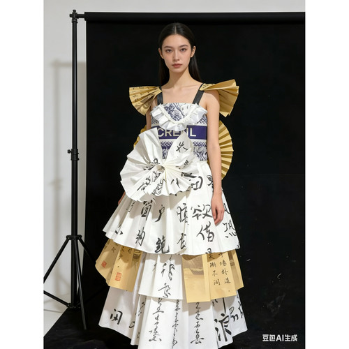 霸王茶姬环保服装废物利用儿童时装秀女创意风环保舞台走秀表演服