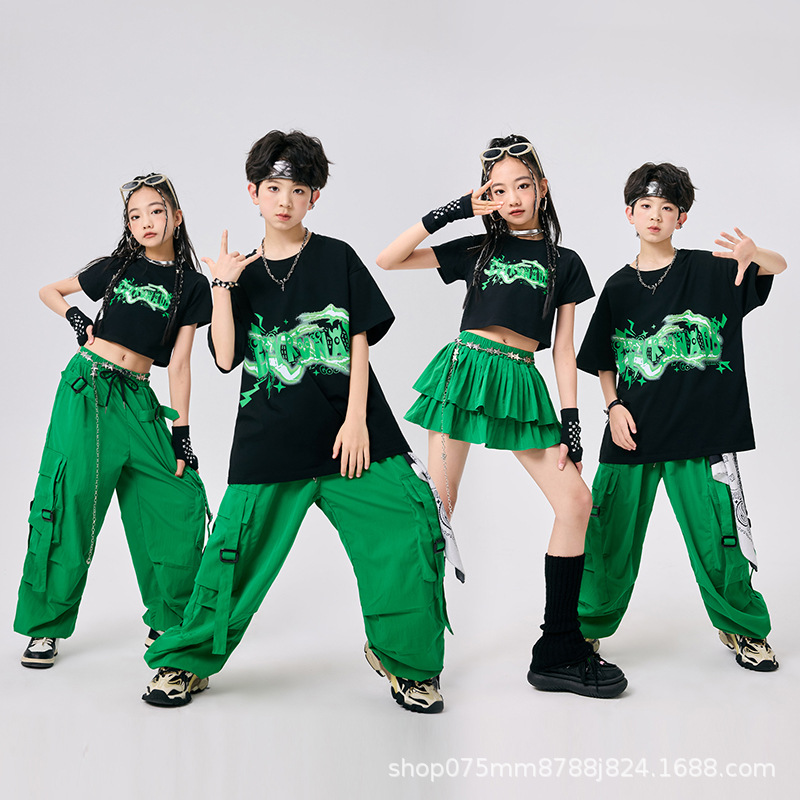 街舞儿童潮服女童爵士舞服装男童嘻哈表演服套装帅气炸街演出服夏
