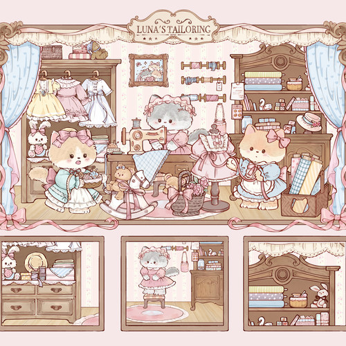 猫咪裁缝铺造景贴纸星熠文创7.0