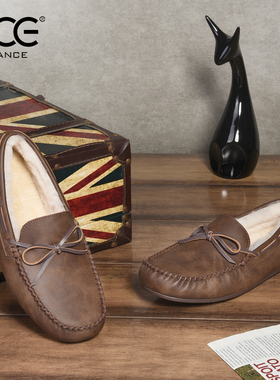 CCE冬季加厚保暖英伦一脚蹬疯马牛皮羊毛豆豆鞋手工缝制男鞋6036