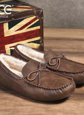 CCE休闲船鞋冬季真皮羊毛男鞋套脚英伦加绒棉鞋疯马皮豆豆鞋6036